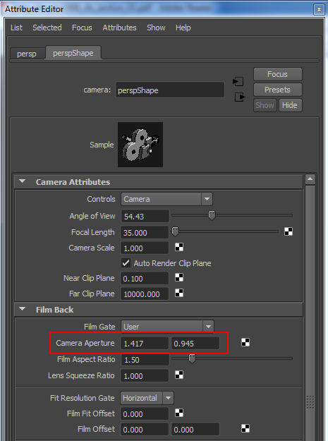 attribute editor film gate camera di maya