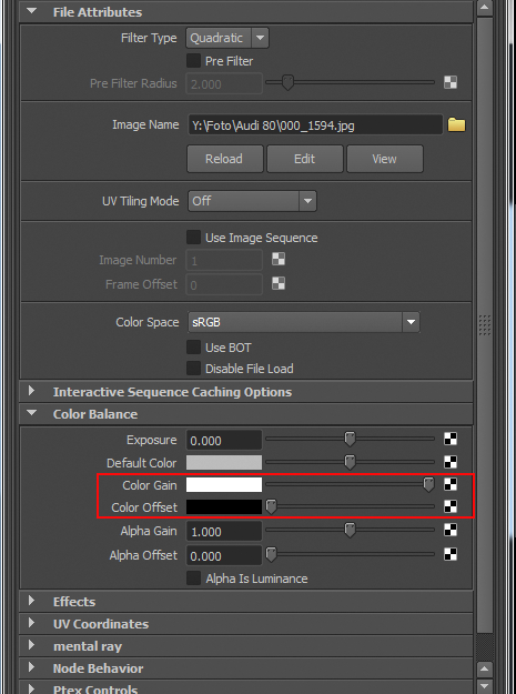 image of the attributes of Color Gain and Color Offset in the attribute editor