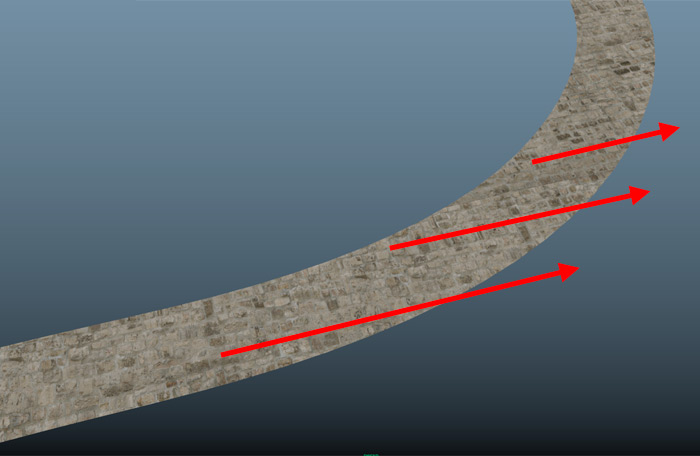 immagine della texture applicata su percorso curvo con semplice proiezione planare
