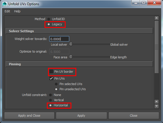 image of the options of the Unfold UV command