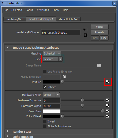 attribute editor di mentalrayIbl in maya