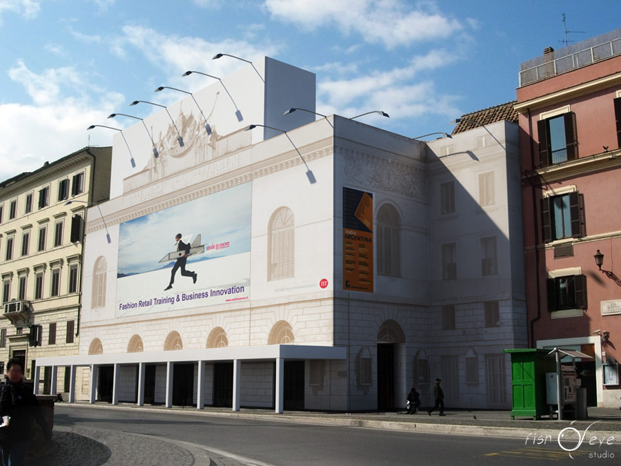 Fotoinserimento 3d dei ponteggi di restauro del Teatro Argentina a Roma 01